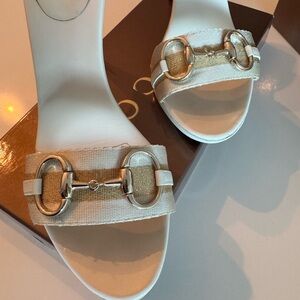 Gucci Cream and Gold Sandals with Horsebit Ornament